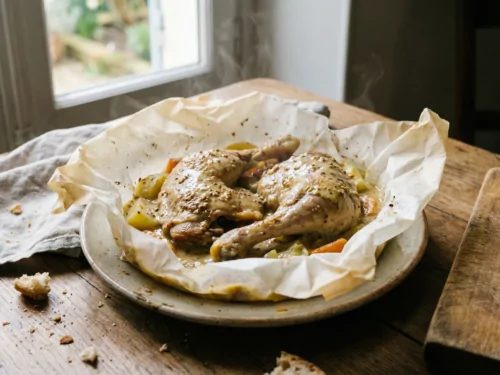 Guinea fowl thighs with mustard in parchment paper