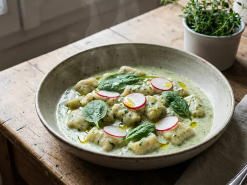 Receta de ñoquis de espinacas con crema de acedera y rábanos crujientes