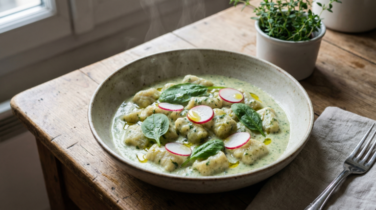 Ricetta per gnocchi di spinaci con crema di acetosella e ravanelli croccanti
