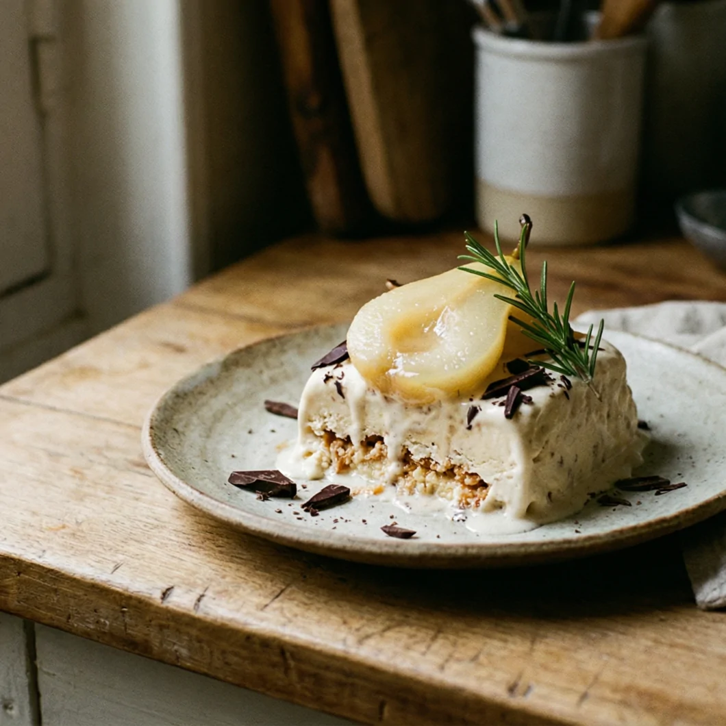 Parfait helado con panellets, pera y romero