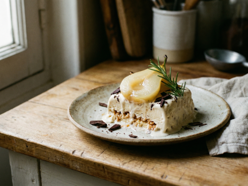 Parfait helado con panellets, pera y romero