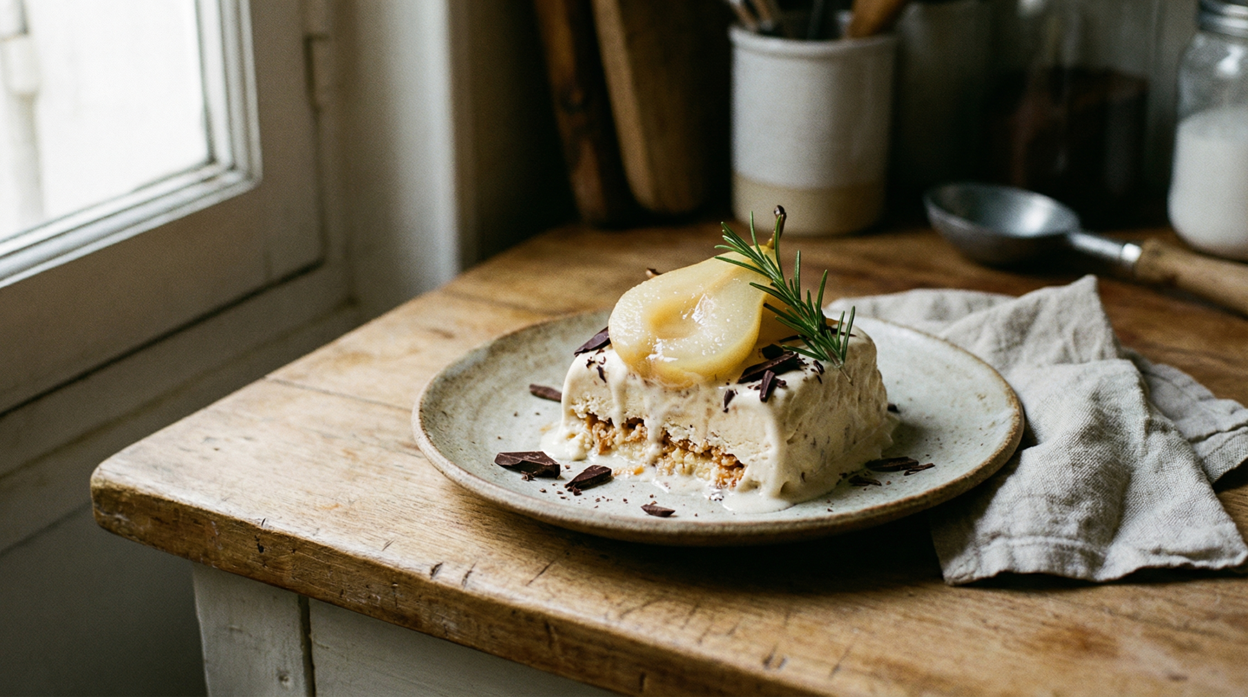 Frozen parfait with panellets, pear &amp; rosemary