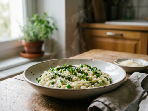 Risotto con guisantes y espárragos con menta