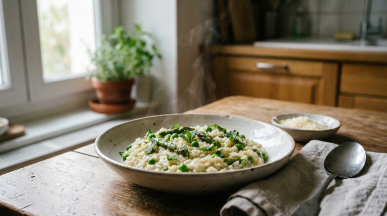 Risotto con guisantes y espárragos con menta