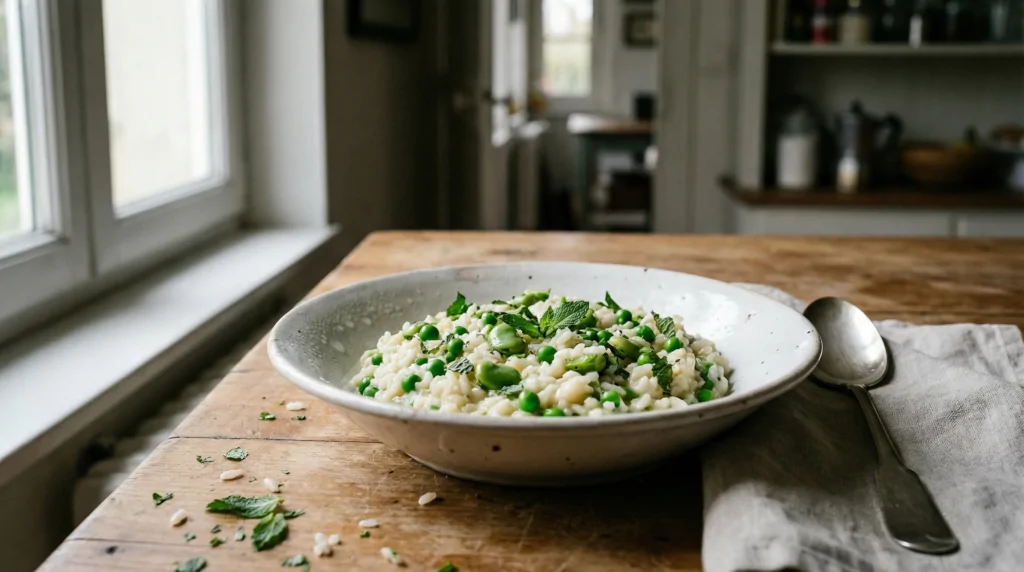 Ricetta per risotto con piselli, fave e menta fresca