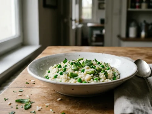 Receta de risotto con guisantes, habas y menta fresca