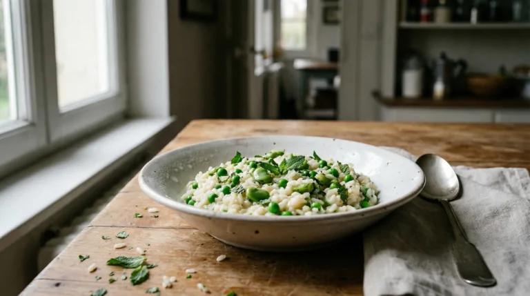 Recette de Risotto aux petits pois, fèves et menthe fraîche