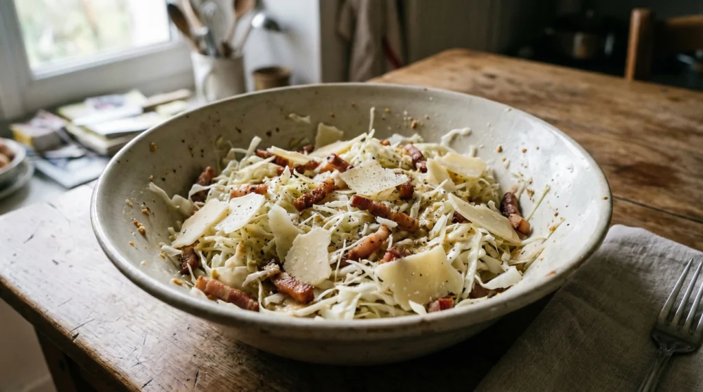 Ensalada de col blanca con beicon y queso Comté