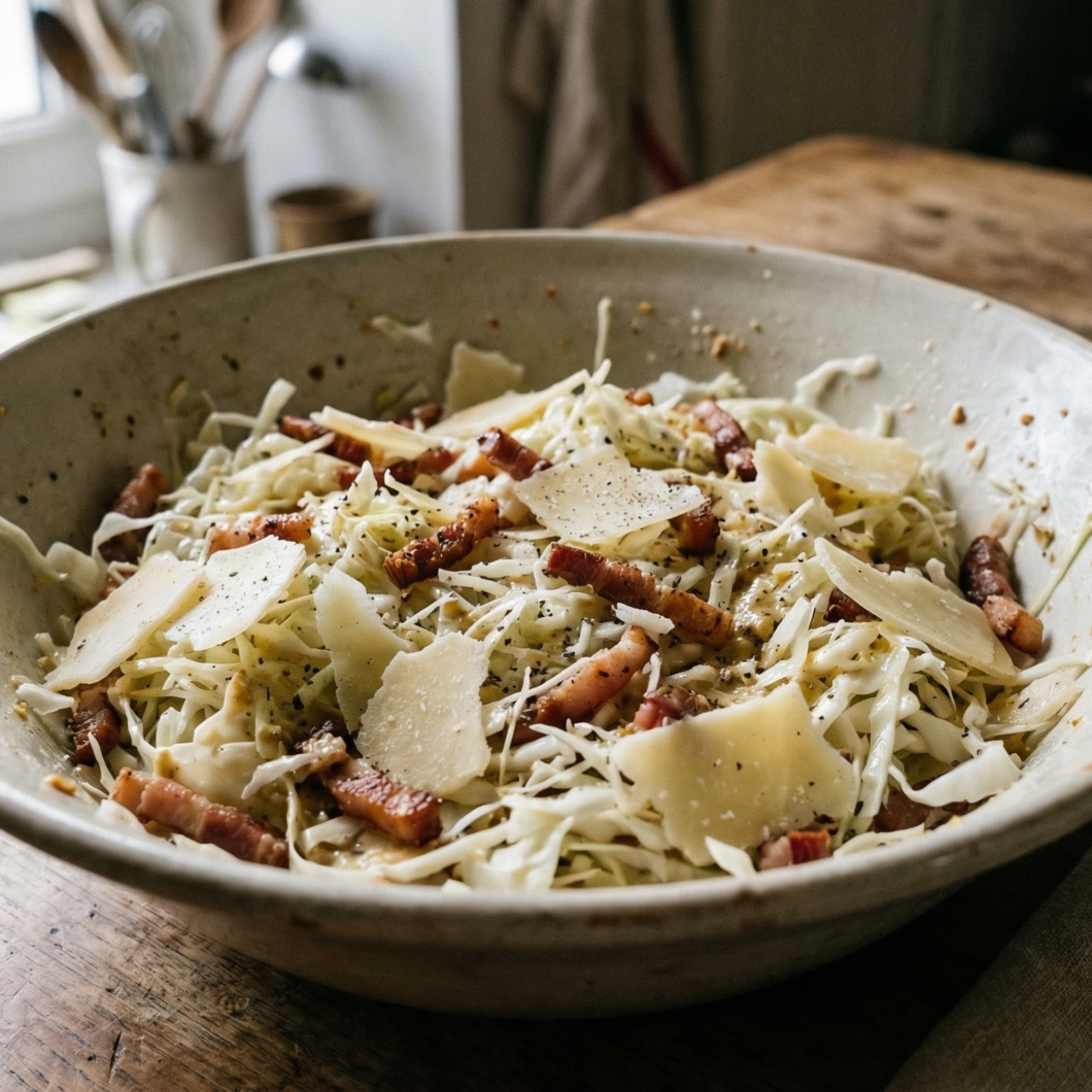Ensalada de col blanca con beicon y queso Comté