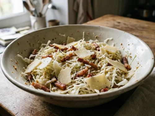Ensalada de col blanca con beicon y queso Comté