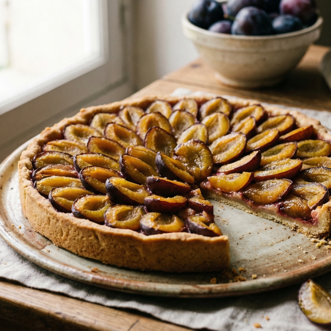 Tarta de ciruelas Reine Claude, ciruelas quetsche, sobre masa quebrada al estilo de Anne-Sophie Pic