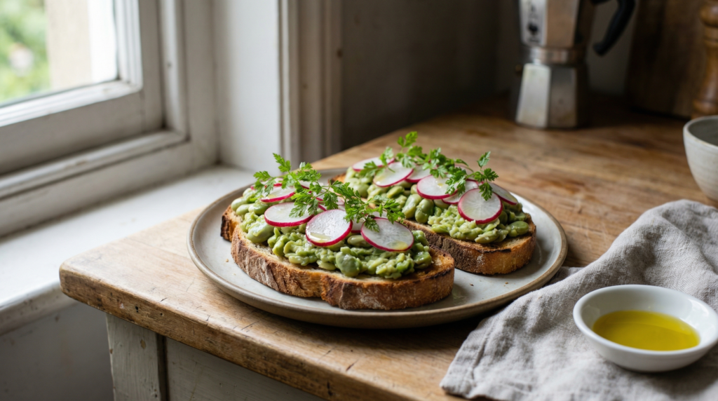 Receta de tostadas de habas y rábanos con perifollo