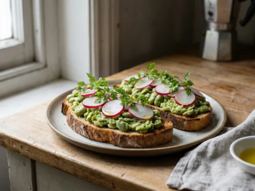 Receta de tostadas de habas y rábanos con perifollo
