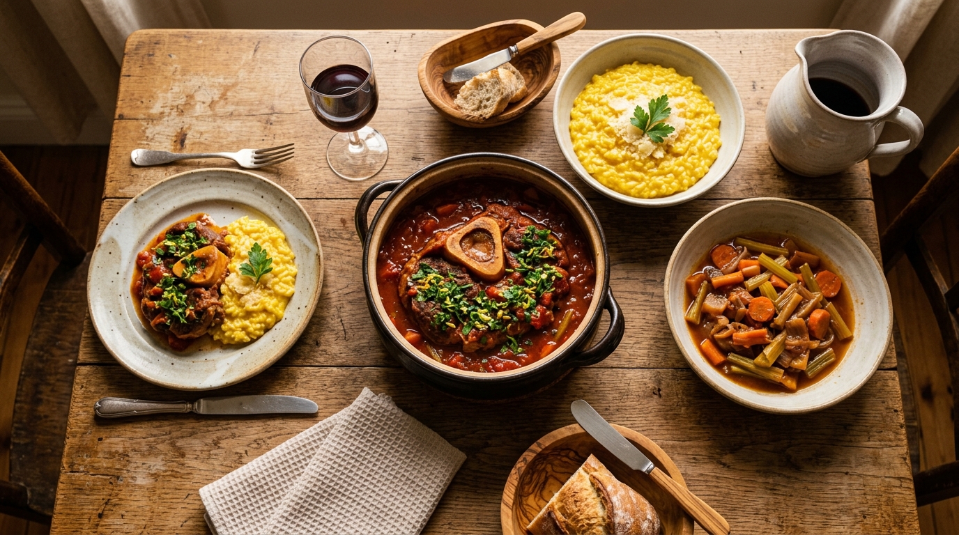 Tavolo rustico italiano con osso buco circondato da risotto allo zafferano e gremolata