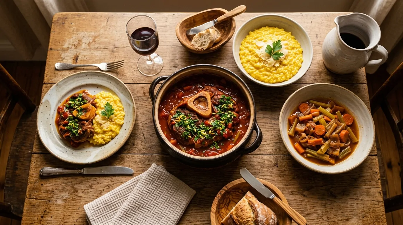 Mesa rústica italiana con osso buco rodeado de risotto de azafrán y gremolata