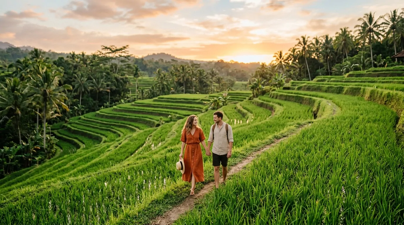 Una pareja camina de la mano entre los verdes arrozales de Bali al atardecer