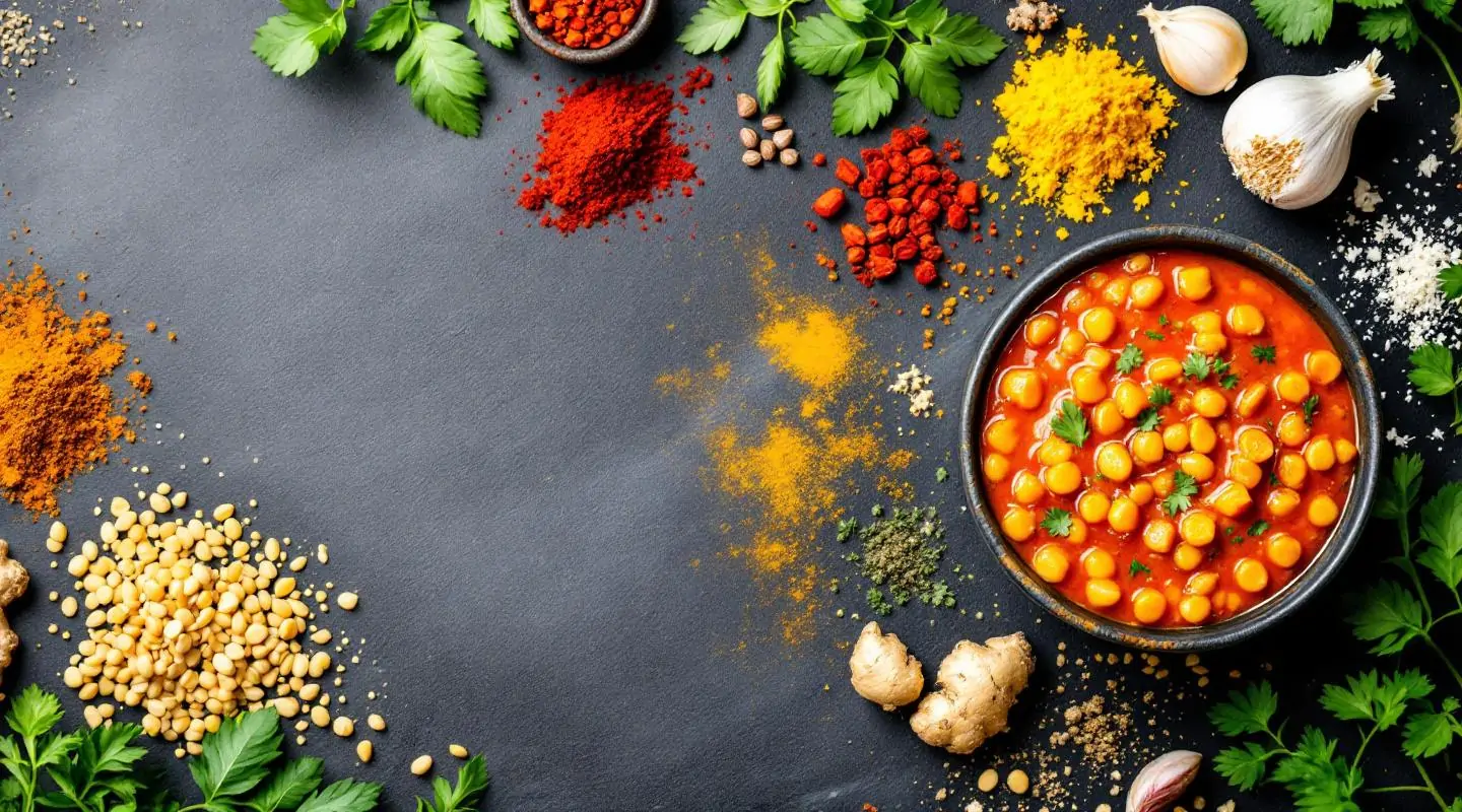 Varias especias —comino, cúrcuma, pimentón, jengibre— servidas alrededor de un tazón de sopa de lentejas rojas