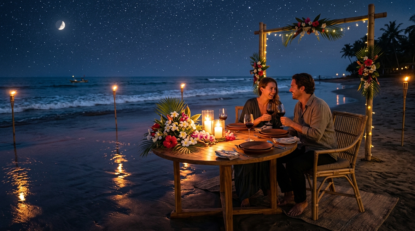 Romantisches Abendessen bei Kerzenschein für zwei an einem balinesischen Strand bei Nacht