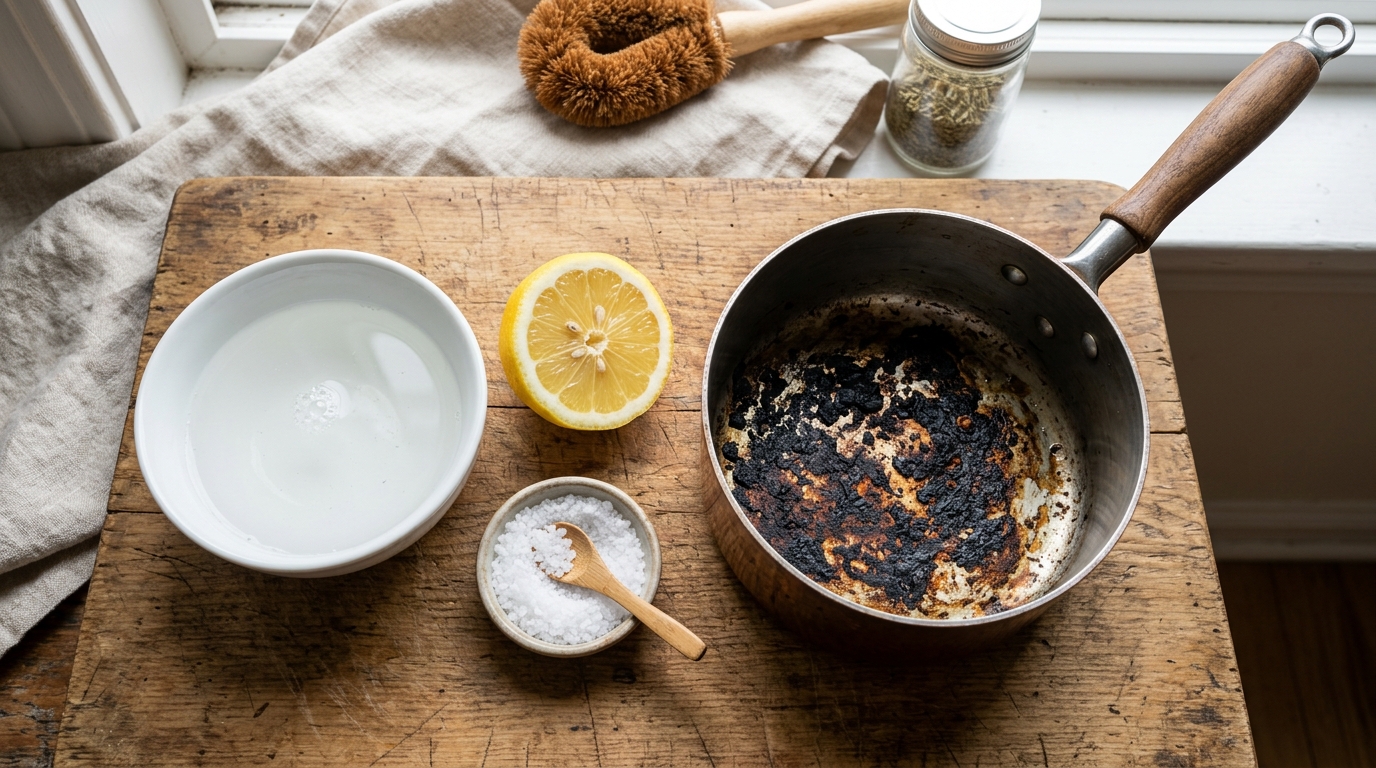Plan de travail avec vinaigre, citron, sel et casserole brûlée Plan de travail avec vinaigre, citron, sel et casserole brûlée