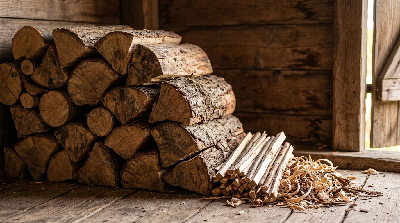 Troncos de madera dura seca apilados con leña menuda y astillas de madera sobre un fondo rústico
