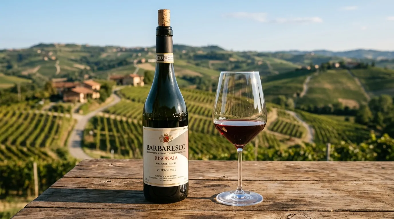Botella de Barbaresco sobre una mesa en la terraza