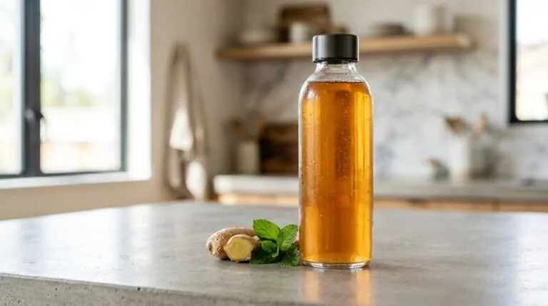 Kombucha fait maison dans une bouteille en verre Bouteille de kombucha fermenté à la maison