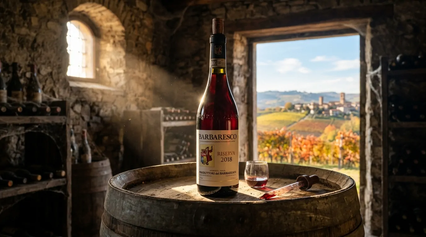 Botellas de vino Barbaresco sobre una mesa de madera en un entorno piamontés
