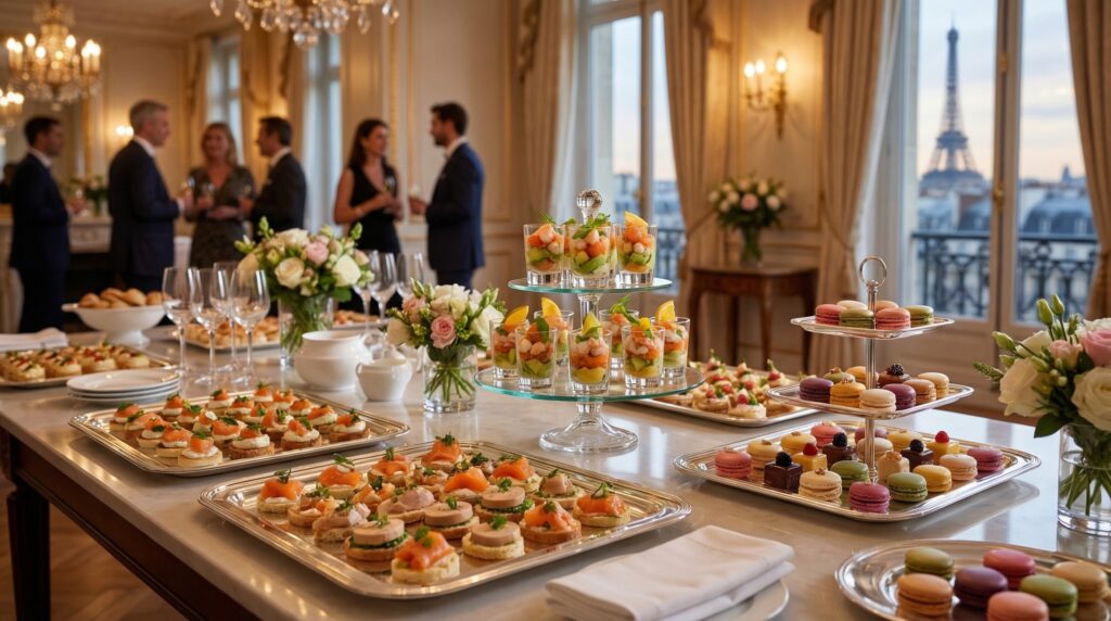 Elegante bufé preparado por una empresa de catering en París.