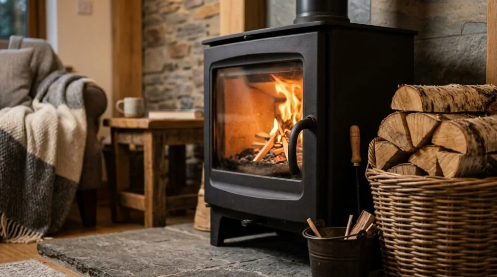 Encendiendo una estufa de leña de hierro fundido