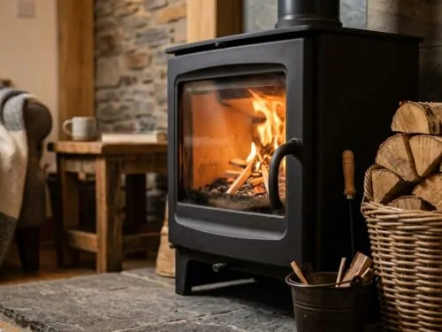 Encendiendo una estufa de leña de hierro fundido