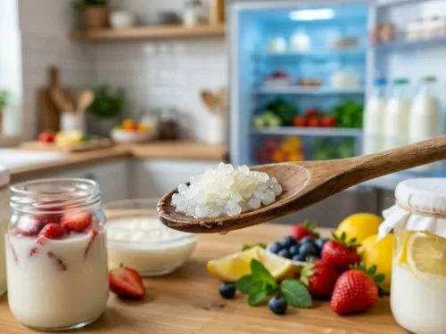 Granos de kéfir translúcidos, bien conservados en una cuchara de madera