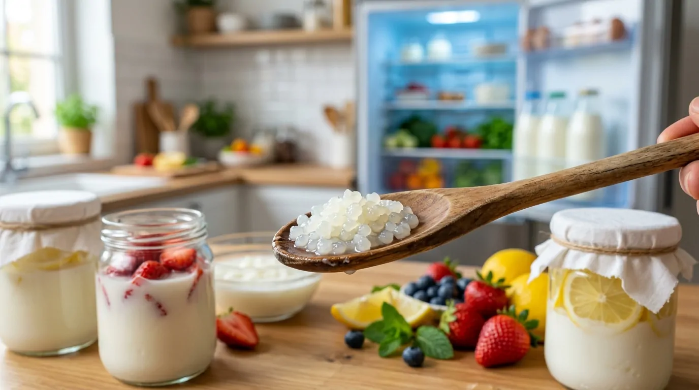 Grains de kéfir translucides bien conservés sur une cuillère en bois