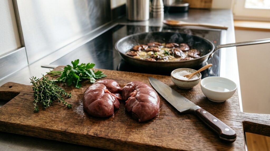 Riñones de ternera crudos sobre una tabla de madera con un cuchillo y hierbas frescas