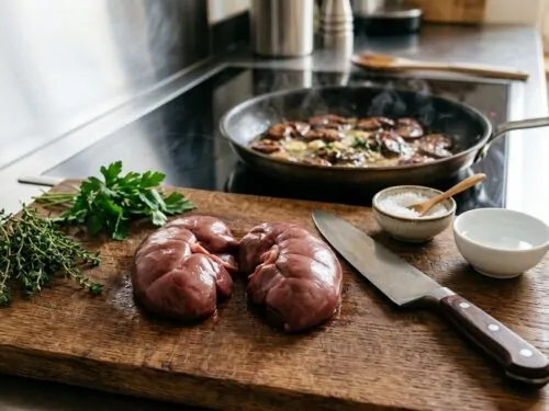 Riñones de ternera crudos sobre una tabla de madera con un cuchillo y hierbas frescas