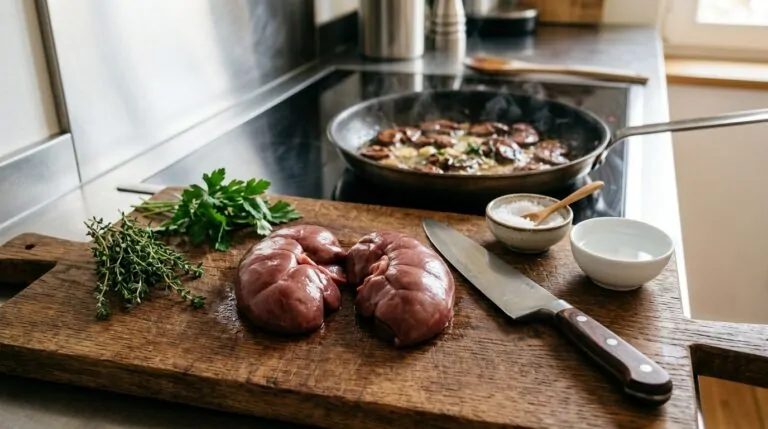 ¿Cómo cocinar riñones? Riñones de ternera crudos sobre una tabla de madera con un cuchillo y hierbas frescas