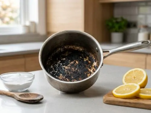 Cacerola de acero inoxidable con el fondo quemado, tratada con bicarbonato de sodio, limón y vinagre