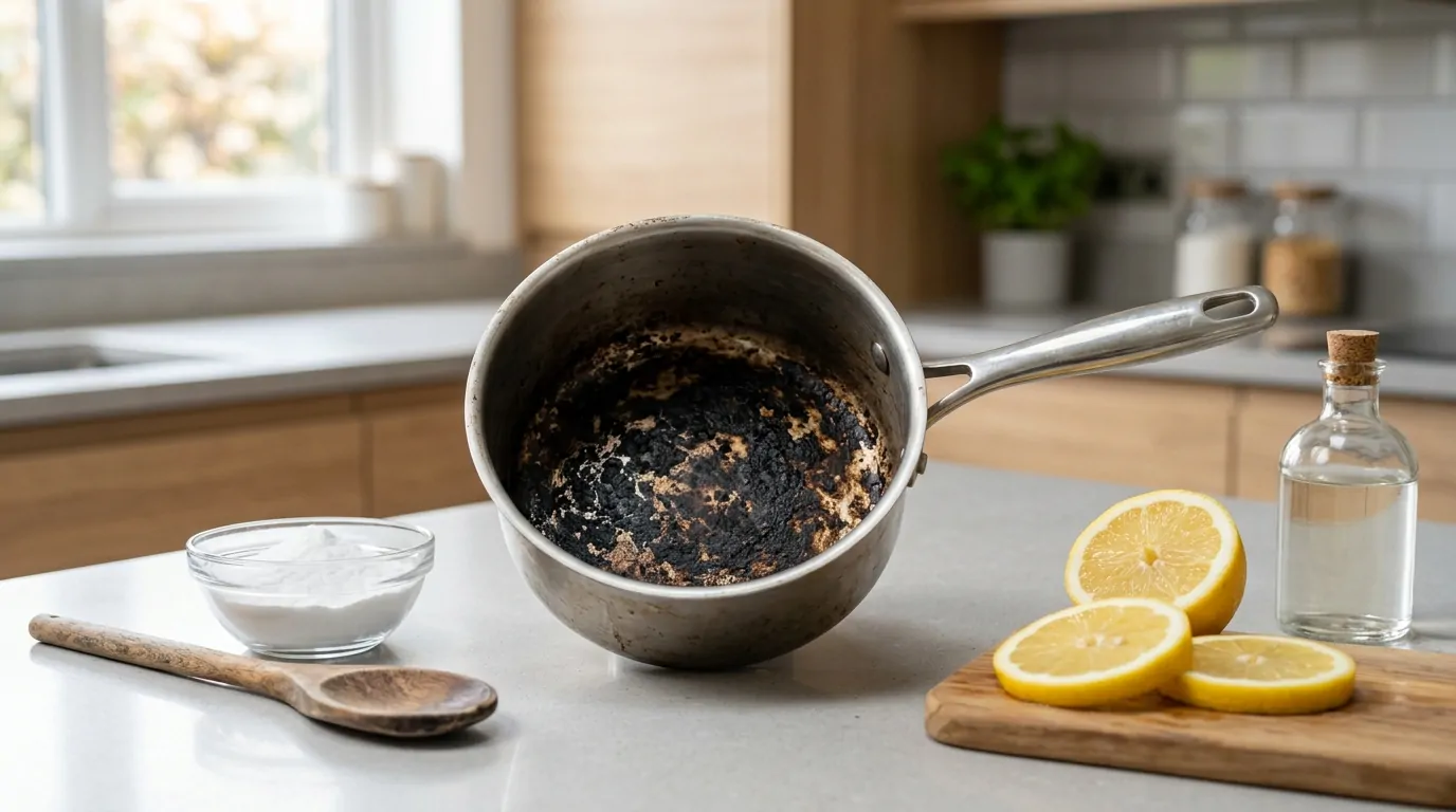 Comment nettoyer un fond de casserole brûlée ? nos astuces naturelles Casserole en inox au fond brûlé avec bicarbonate citron et vinaigre