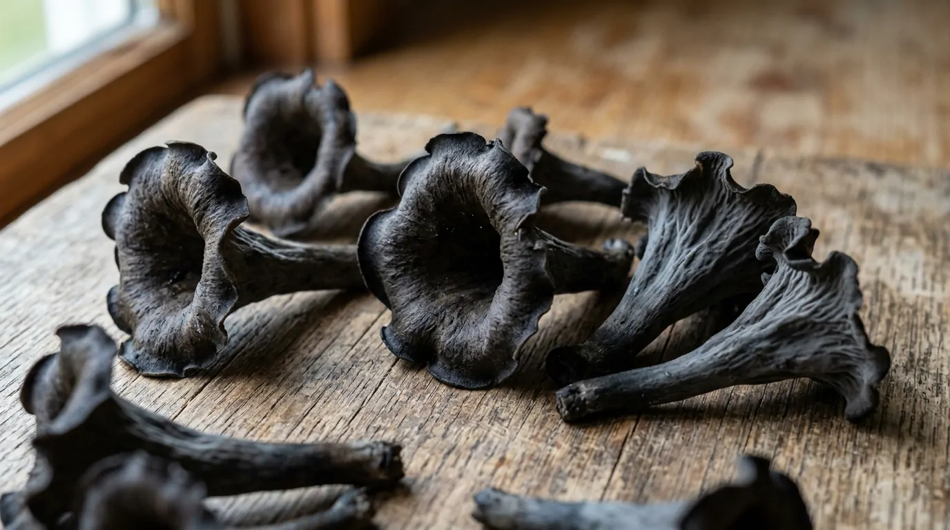 Several black funnel-shaped black trumpet mushrooms placed on a wooden surface Several black funnel-shaped black trumpet mushrooms placed on a wooden surface