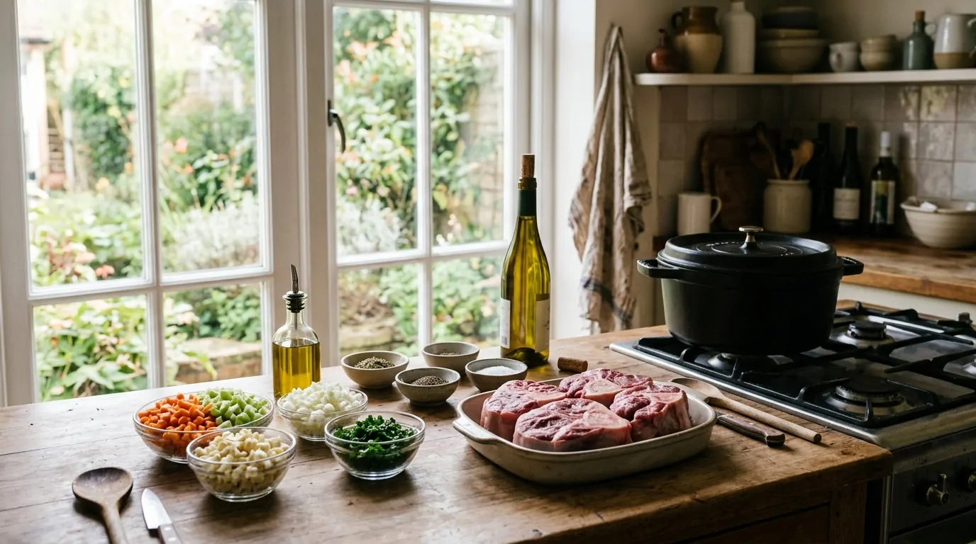 Cocina organizada con verduras picadas, especias medidas y osso buco de ternera sobre una encimera de madera