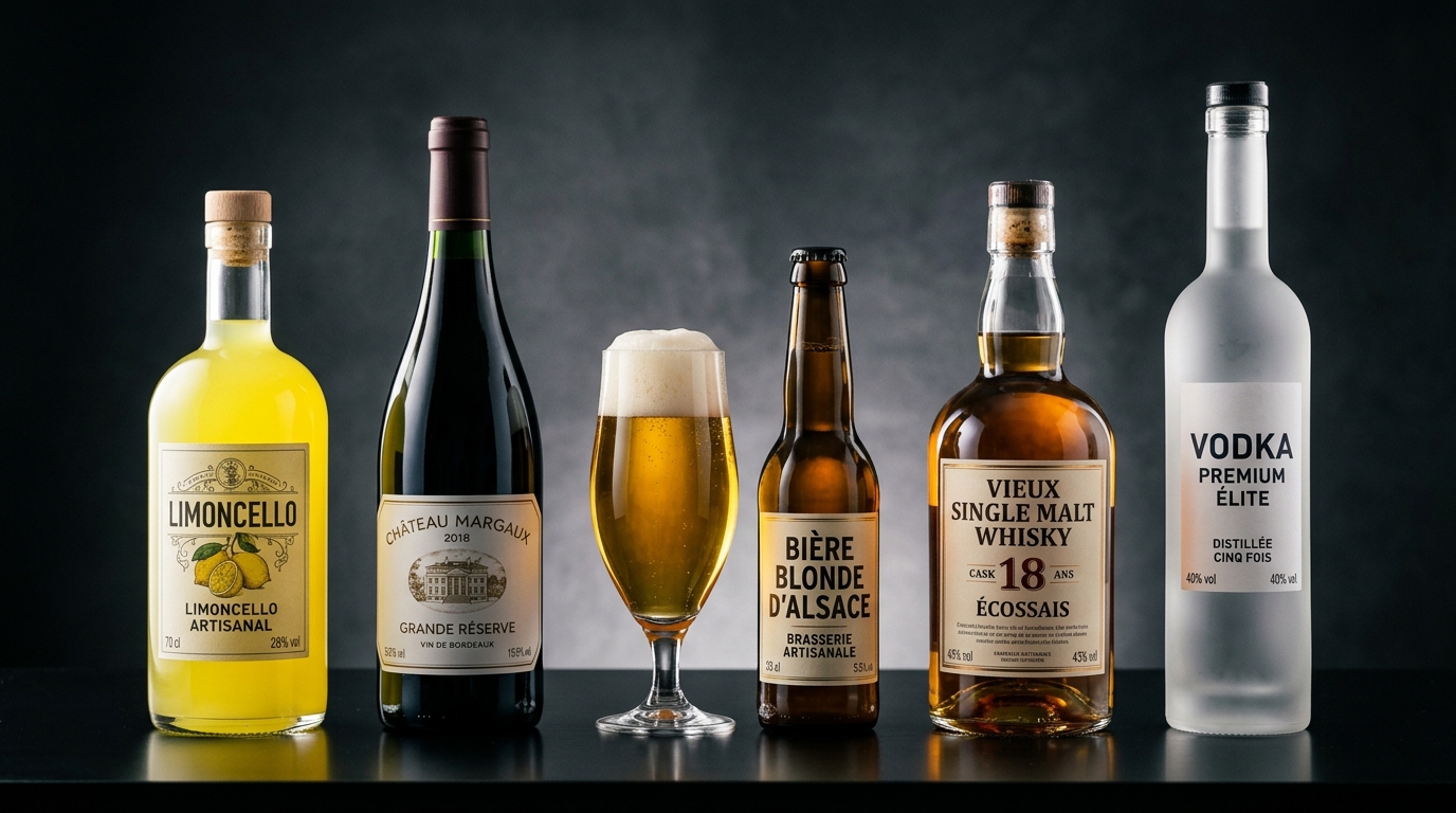 Bottles of limoncello, wine, beer, whisky, and vodka. Different alcoholic beverages lined up against a dark background