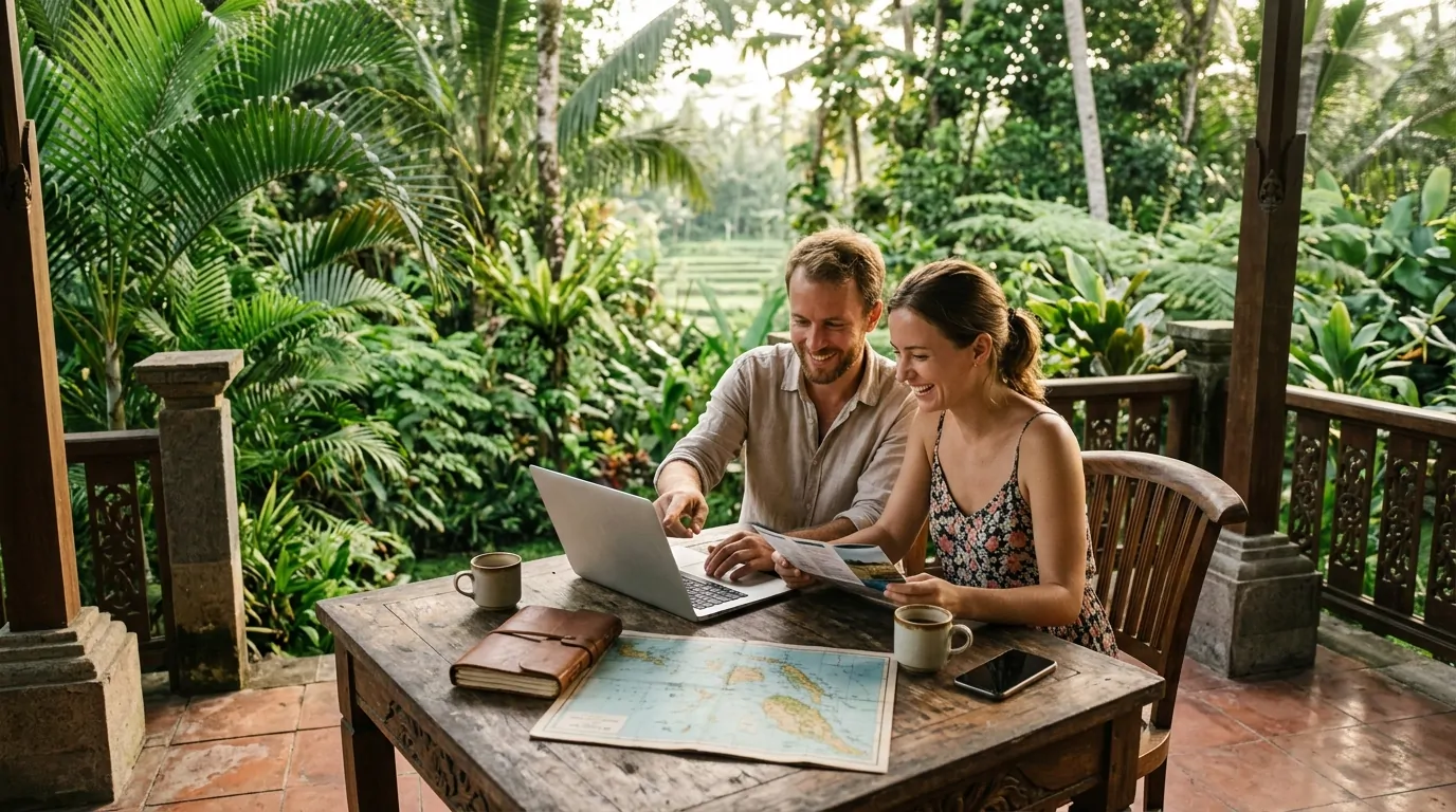 Una pareja planea su luna de miel en una terraza tropical en Bali