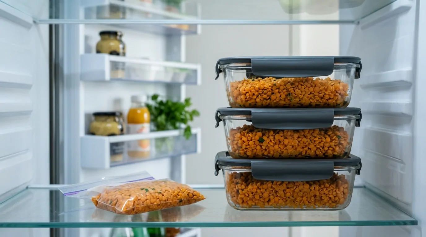 Frascos de vidrio con lentejas rojas cocidas apilados en un refrigerador organizado