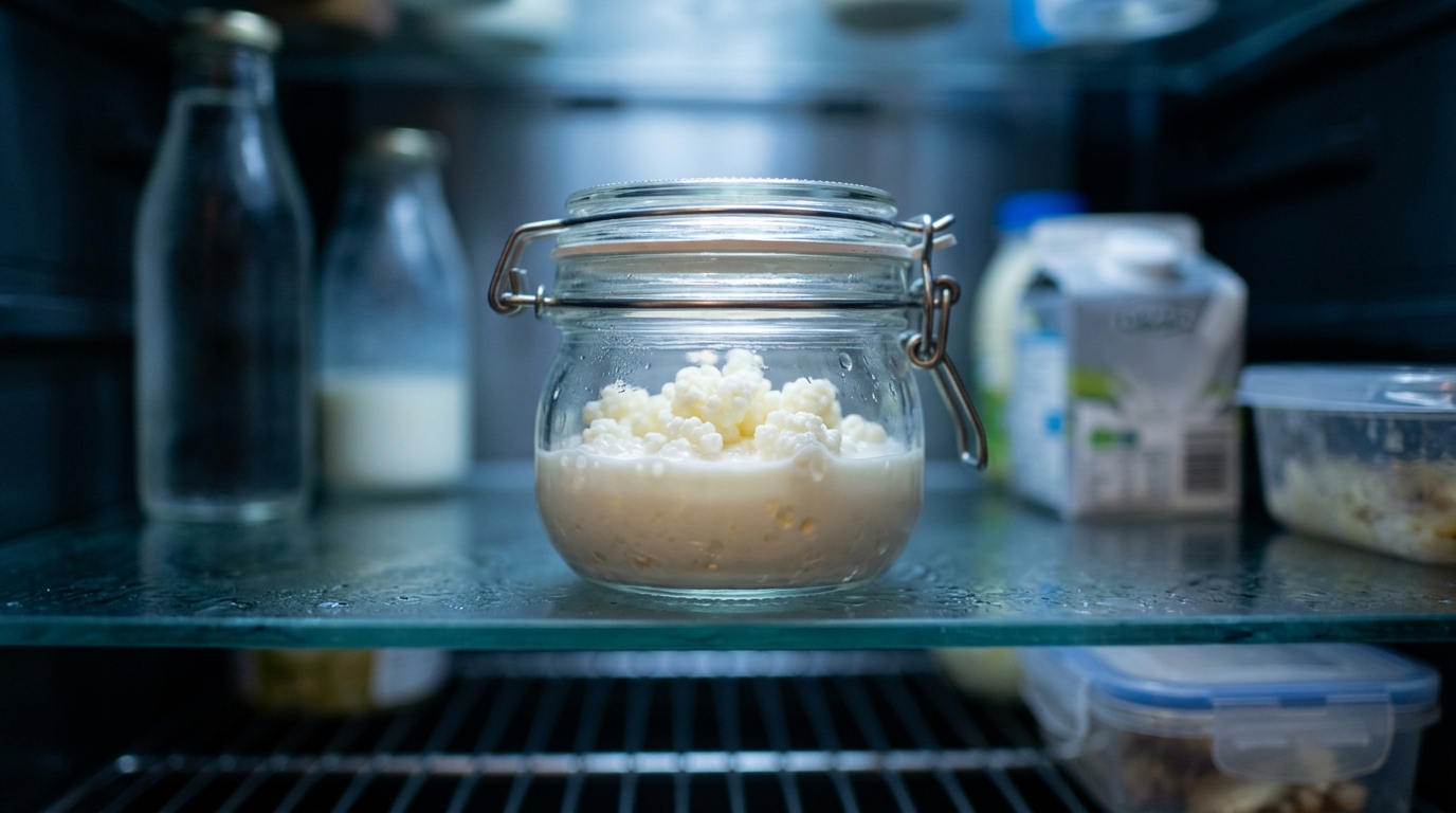 Granos de kéfir blanco en un frasco de vidrio sellado en el refrigerador