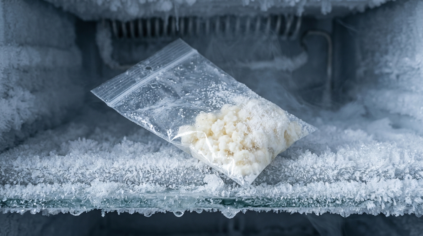 Granos de kéfir blanco en una bolsa de congelación con cierre hermético sobre una estantería congelada