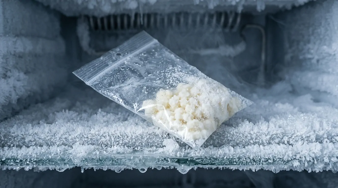 Granos de kéfir blanco en una bolsa de congelación con cierre hermético sobre una estantería congelada Granos de kéfir blanco en una bolsa de congelación con cierre hermético sobre una estantería congelada