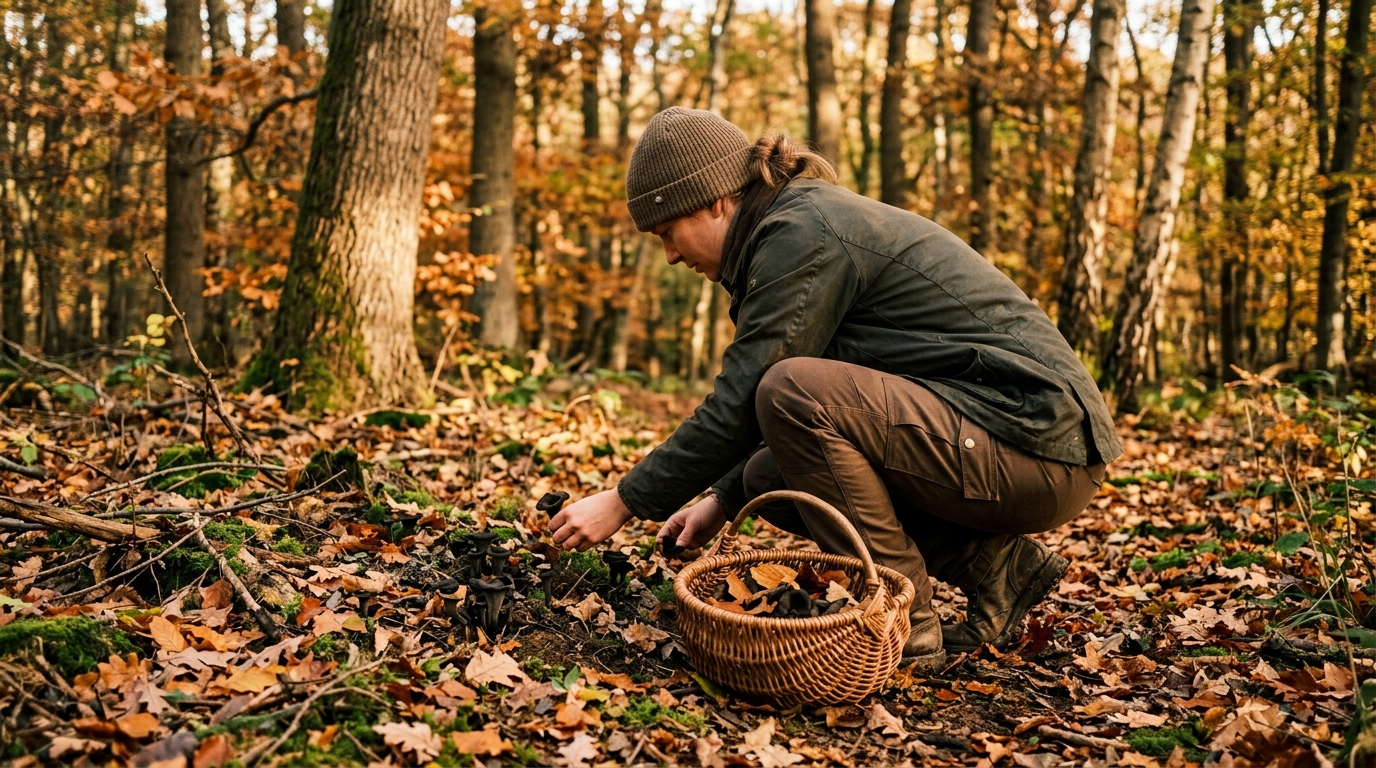 Una persona agachada en el bosque, recogiendo setas trompeta negra en una cesta de mimbre