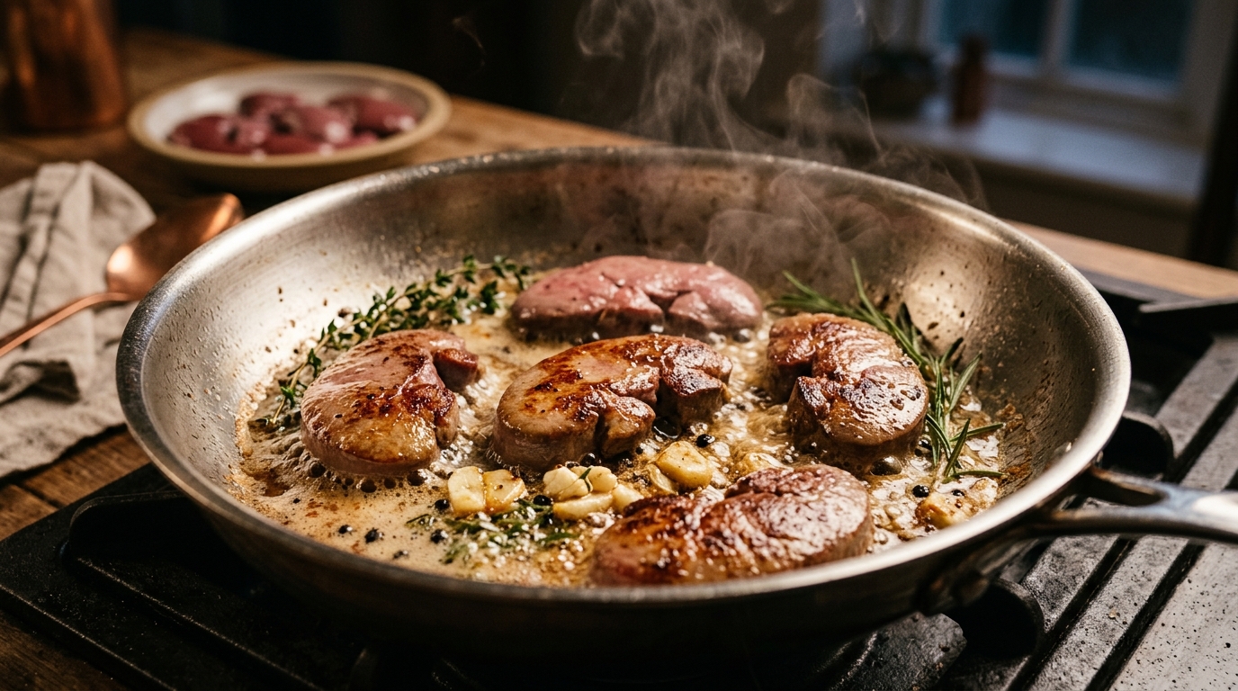 Rodajas de riñón doradas en una sartén de acero inoxidable con mantequilla y hierbas