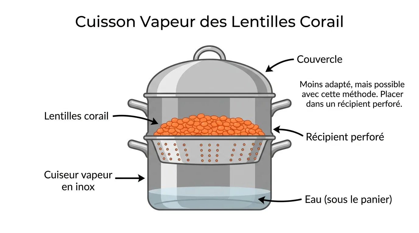 Vaporera de acero inoxidable con lentejas rojas en su interior