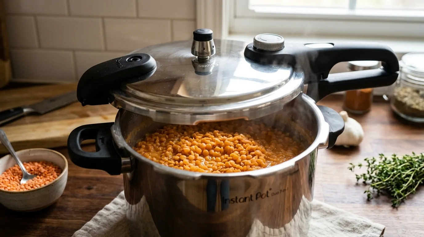 Cocinar lentejas rojas en una olla a presión