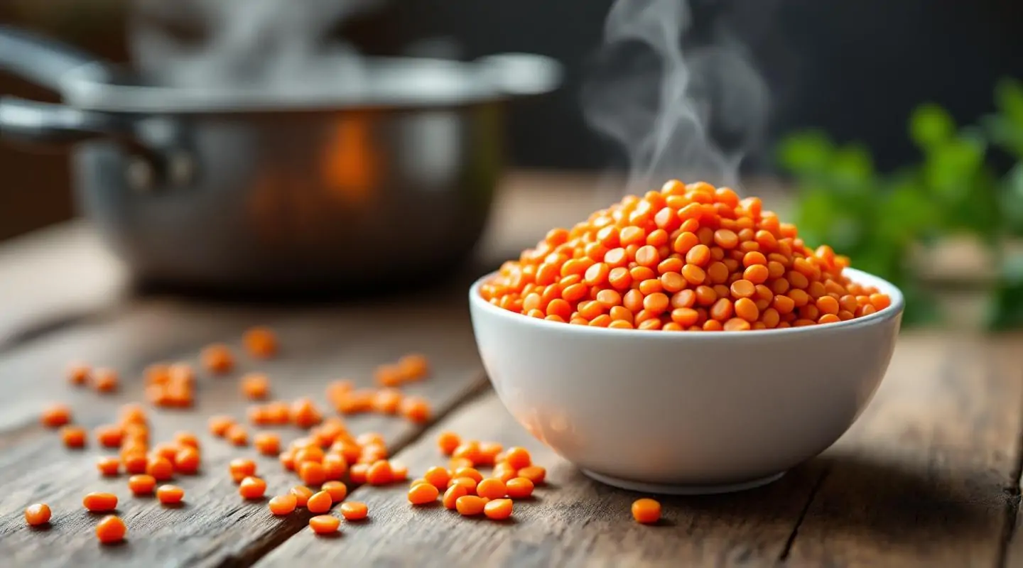 Bol blanc rempli de lentilles corail orange vif près d'une casserole fumante